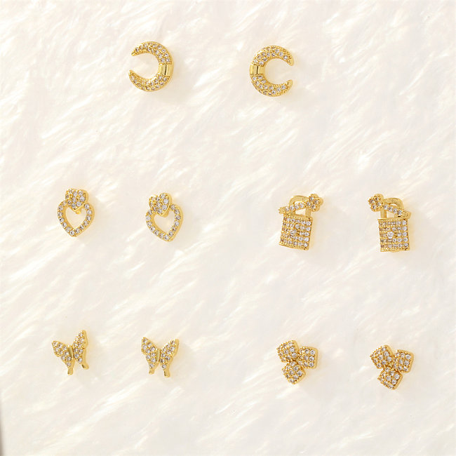 1 Pair Simple Style Heart Shape Butterfly Bow Knot Plating Inlay Copper Zircon 18K Gold Plated Ear Studs