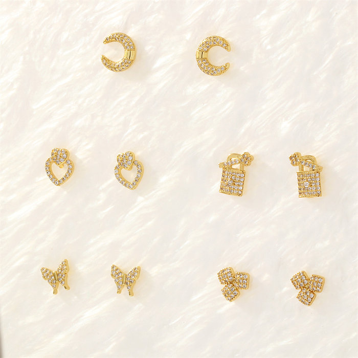 1 Pair Simple Style Heart Shape Butterfly Bow Knot Plating Inlay Copper Zircon 18K Gold Plated Ear Studs