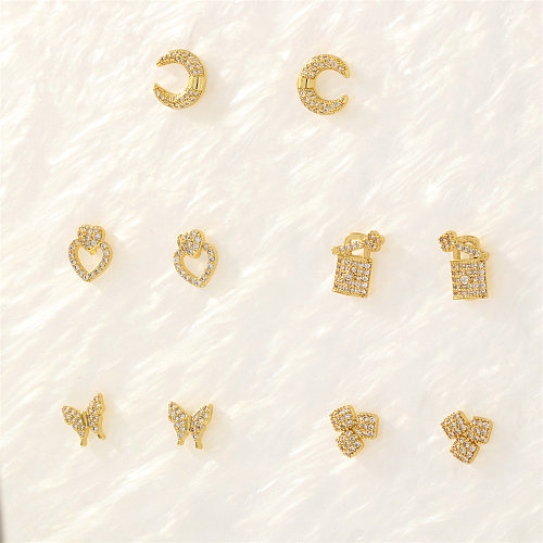 1 Paar schlichte Ohrstecker in Herzform, Schmetterlingsbogen, Knotenplattierung, Kupfer-Zirkon, 18 Karat vergoldet