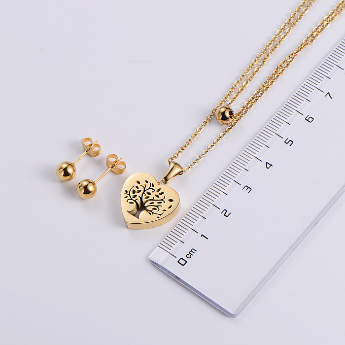 Collier pendentif arbre creux en forme de cœur, boucles d'oreilles en perles rondes, trois pièces, vente en gros de bijoux