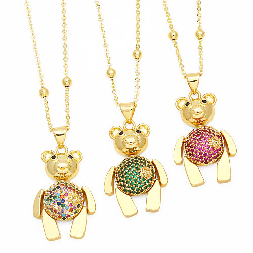 Cute Streetwear Little Bear Copper Plating Inlay Zircon 18K Gold Plated Pendant Necklace