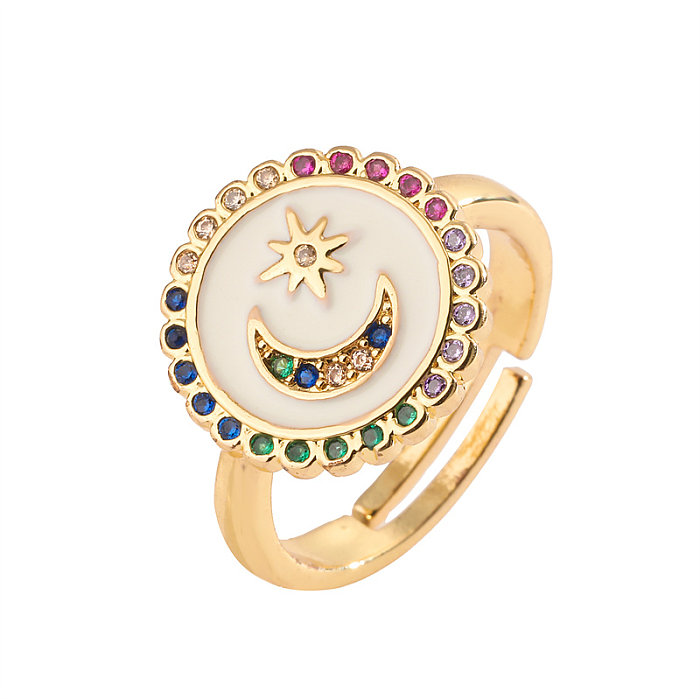 Luxuoso geométrico estrela lua cobre esmaltado embutido zircão anéis abertos banhados a ouro