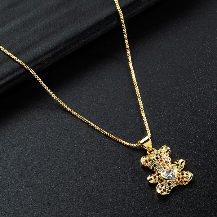 INS Japanese And Korean Simple Cute Heart Bear Pendant Necklace Female Copper-Plated Gold Inlaid Zircon Korean Style Online Influencer Clavicle Chain