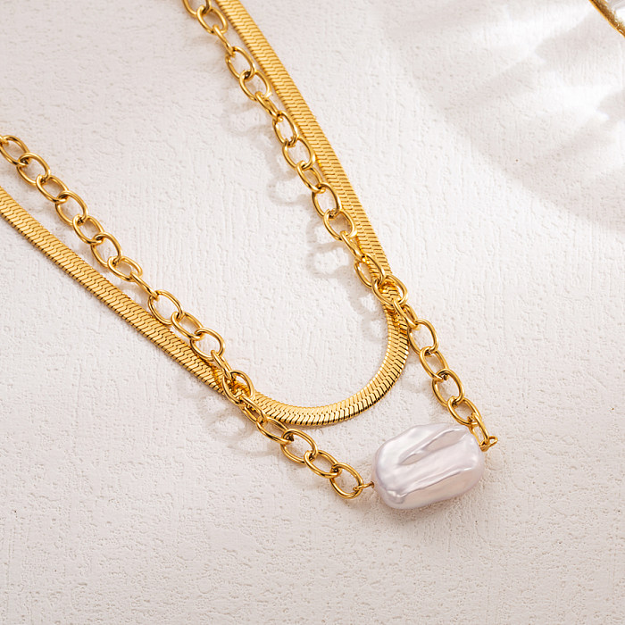 French Style Irregular Stainless Steel Layered Freshwater Pearl 18K Gold Plated Bracelets Necklace