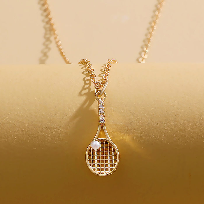 Hip-Hop Simple Style Tennis Racket Copper 14K Gold Plated Zircon Pendant Necklace In Bulk