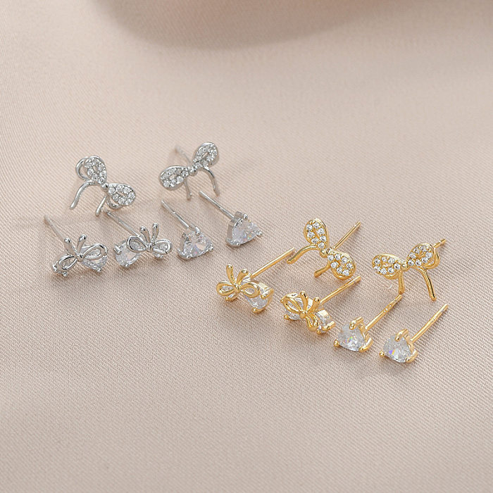 3 Pairs Simple Style Heart Shape Bow Knot Copper Inlaid Zircon Ear Studs