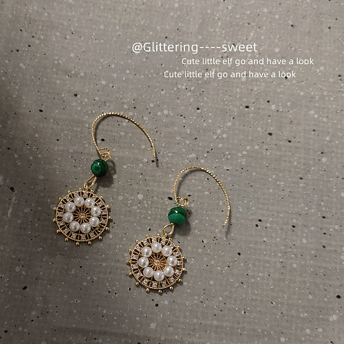 1 Paar süße runde künstliche Perlen Malachit-Kupferbeschichtung Inlay Zirkon Ohrhaken