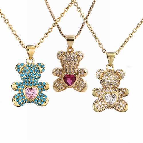 1 Piece Fashion Little Bear Heart Shape Copper Plating Inlay Turquoise Zircon Pendant Necklace