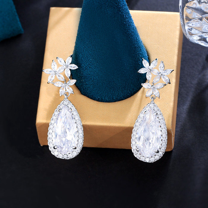 1 Pair Elegant Water Droplets Snowflake Plating Inlay Copper Artificial Gemstones Rhodium Plated Drop Earrings