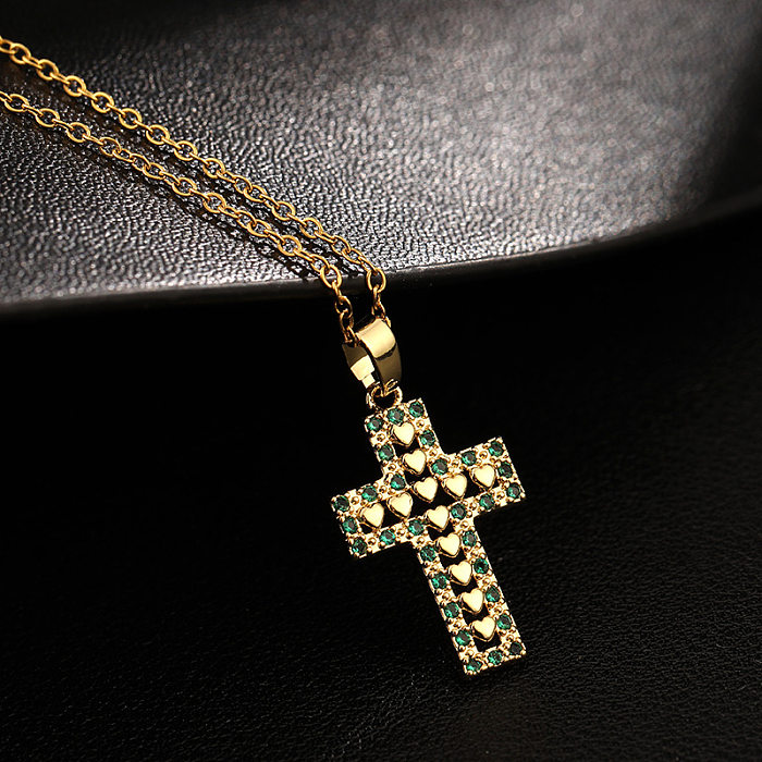 Basic Streetwear Cross Copper Plating Inlay Zircon Pendant Necklace