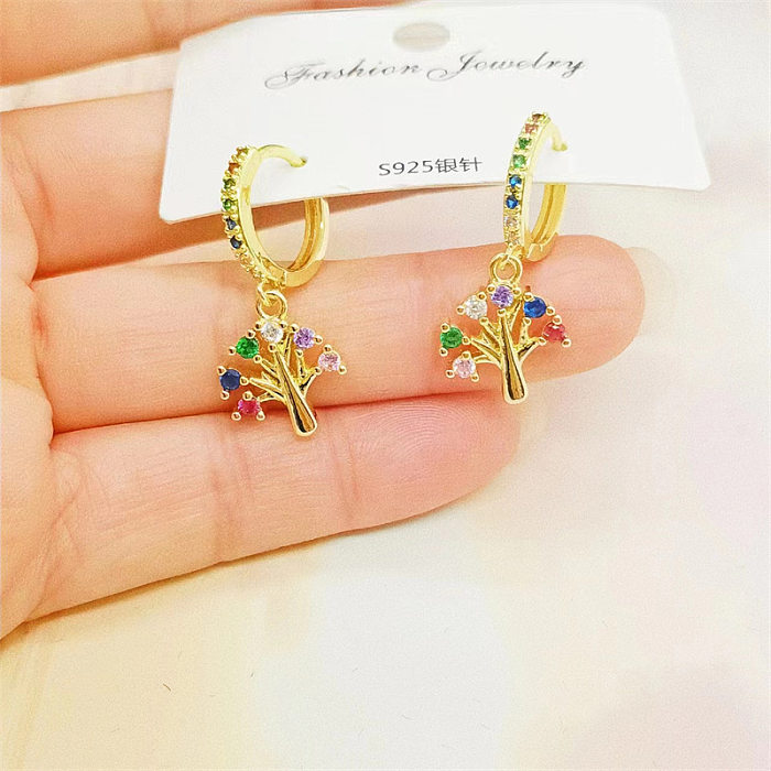 1 Pair Basic Classic Style Tree Dolphin Flower Inlay Copper Zircon Drop Earrings