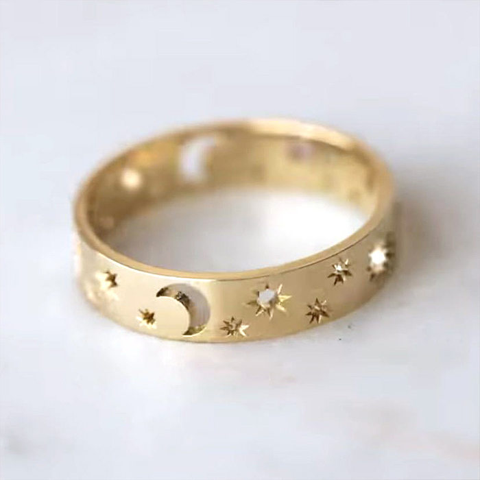 Novo simples anel oco de estrela e lua joias de cobre europeias e americanas