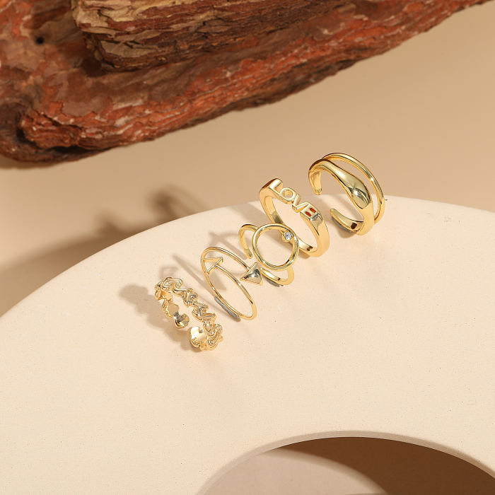 Elegante estilo clássico geométrico cobre assimétrico chapeamento anéis abertos banhados a ouro 14K