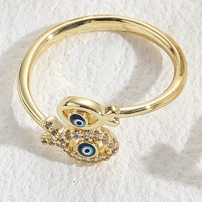Estilo moderno olho do diabo cobre esmalte chapeamento incrustado zircão 14K anéis abertos banhados a ouro