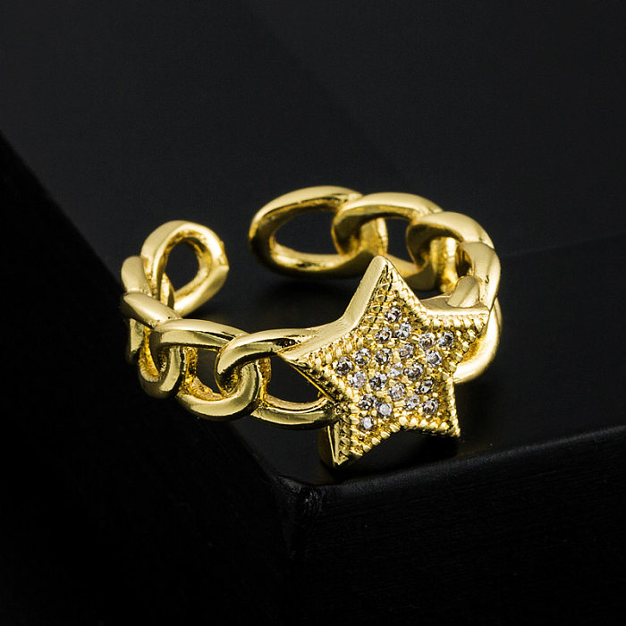 Fashion Gold Plated Micro Inlaid Zircon Star Heart-Shaped Opening Adjustable Copper Ring Accessories Women