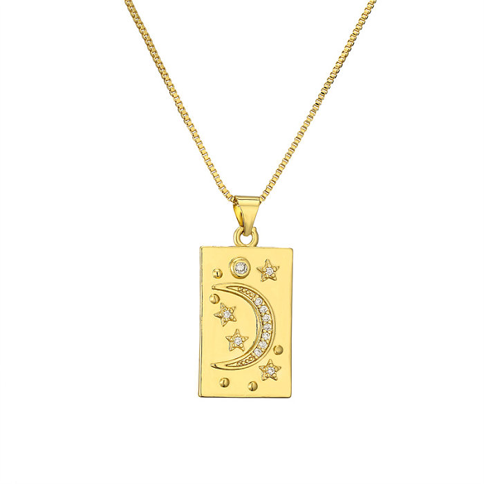 Collier pendentif plaqué or en Zircon avec incrustation de cuivre, étoile et lune de style Simple