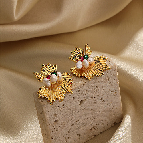 1 par de pendientes chapados en oro de 18 quilates con incrustaciones geométricas de cobre y piedras preciosas artificiales