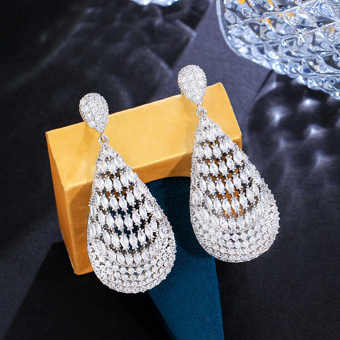 1 Paar elegante, glamouröse Tropfen-Ohrringe mit Wassertropfen-Beschichtung, Kupfer-Zirkon, rhodiniert