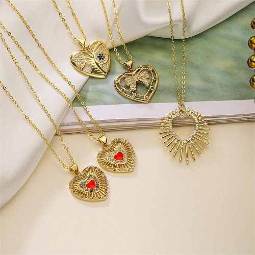 Retro Heart Shape Bow Knot Copper Hollow Out Inlay Zircon Gold Plated Pendant Necklace