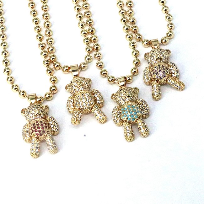 Hip-Hop Streetwear Little Bear Copper Gold Plated Zircon Pendant Necklace In Bulk