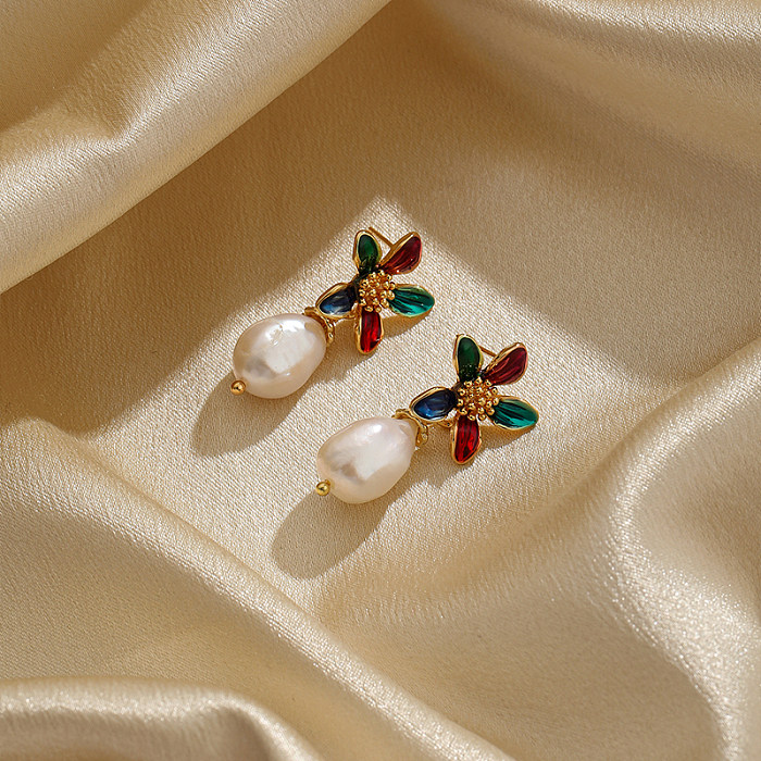 1 Pair Ethnic Style Flower Plating Inlay Copper Pearl 18K Gold Plated Drop Earrings