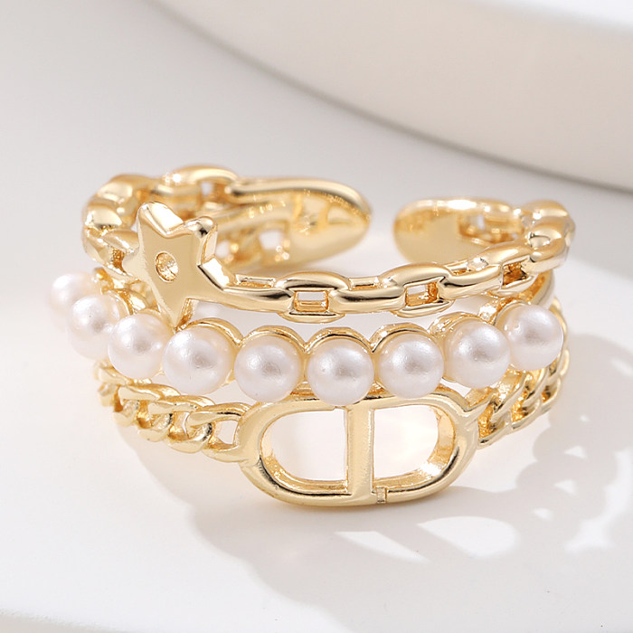 Elegante Streetwear-offene Ringe mit geometrischem Kupfer-Inlay und künstlichen Perlen