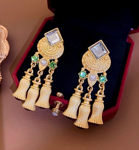 1 Paar Retro-Ohrringe mit geometrischer Blume, Kupfer-Inlay, Strasssteinen und Perlen