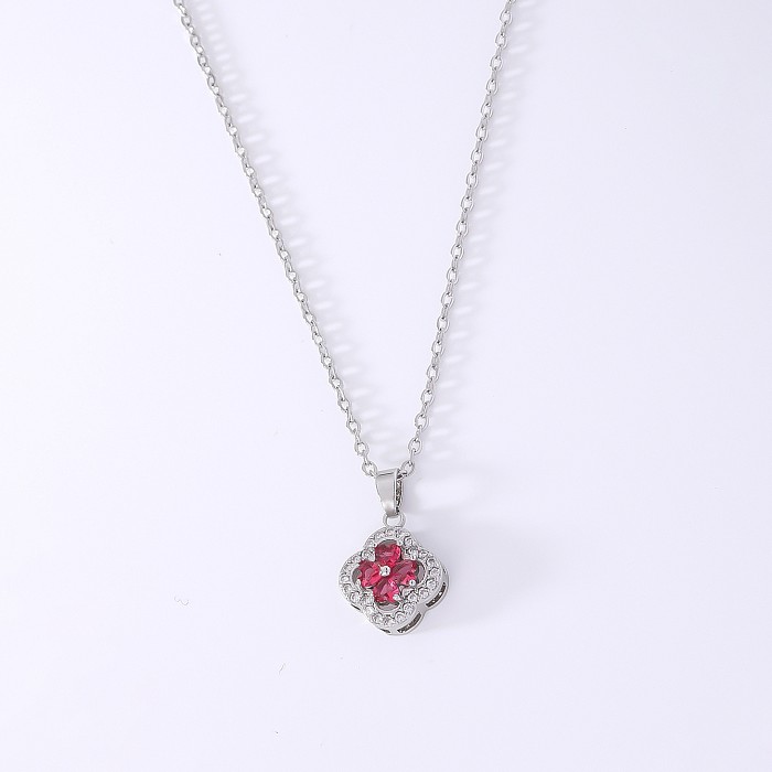 Luxurious Sweet Four Leaf Clover Copper Plating Hollow Out Inlay Zircon White Gold Plated Gold Plated Pendant Necklace