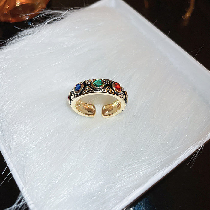 Anéis abertos de zircão com incrustações geométricas retrô de cobre esmaltado