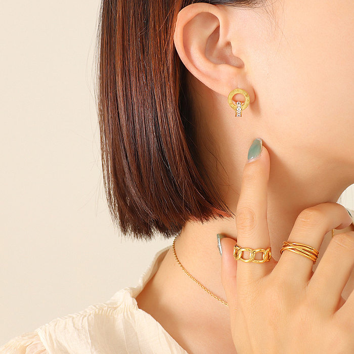 Fashion Round Titanium Steel Inlay Zircon Women'S Earrings Necklace