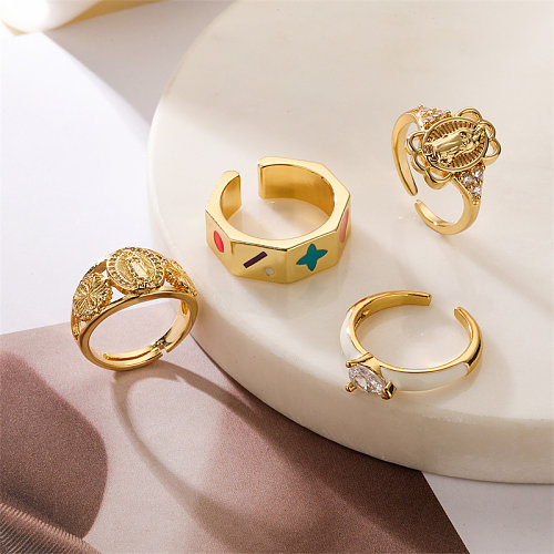 Retro Luxurious Portrait Oval Heart Shape Copper Plating Inlay Zircon Gold Plated Open Rings