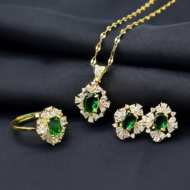 Retro Flower Titanium Steel Inlay Artificial Gemstones Women'S Rings Earrings Necklace