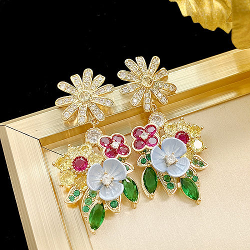 1 Pair Retro Exaggerated Flower Inlay Copper Zircon Drop Earrings