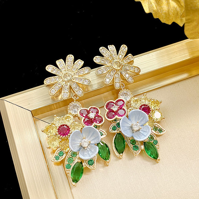 1 Pair Retro Exaggerated Flower Inlay Copper Zircon Drop Earrings