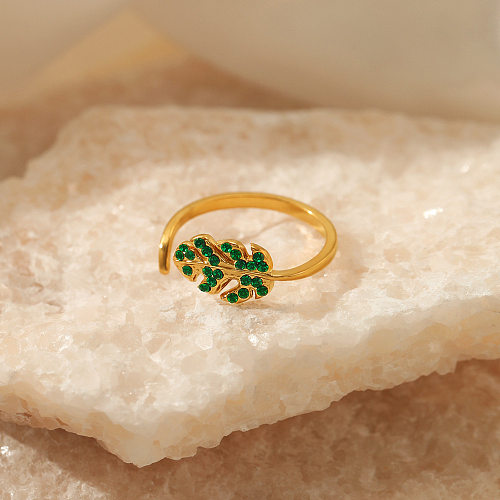Offener Ring mit modischen Blättern, Edelstahlbeschichtung, Inlay, künstlicher Diamant, 1 Stück
