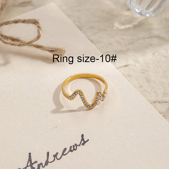 Simple Style Commute Geometric Waves Heart Shape Stainless Steel 18K Gold Plated Rhinestones Rings In Bulk