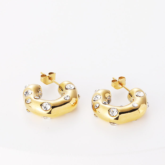 Fashion Golden Geometric C-shaped Inlaid Zircon Copper Stud Earrings Wholesale