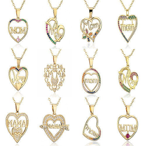 1 Piece Fashion MAMA Heart Shape Copper Inlay Zircon Pendant Necklace