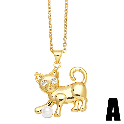 1 Piece Cute Fashion Cat Copper Plating Inlay Pearl Zircon Pendant Necklace