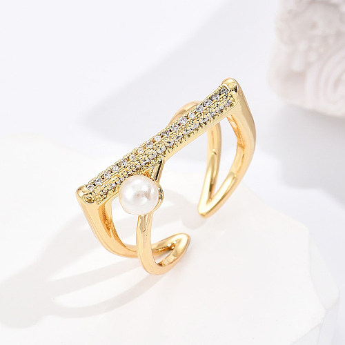 Fashion Geometric Copper Gold Plated Artificial Pearls Zircon Open Ring 1 Piece