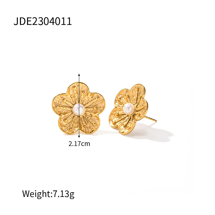 INS estilo flor doce chapeamento de aço inoxidável incrustação pérola 18K banhado a ouro anéis brincos colar