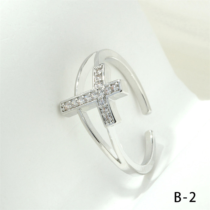 Simple Style Cross Heart Shape Fish Tail Copper Plating Inlay Zircon 18K Gold Plated Open Rings