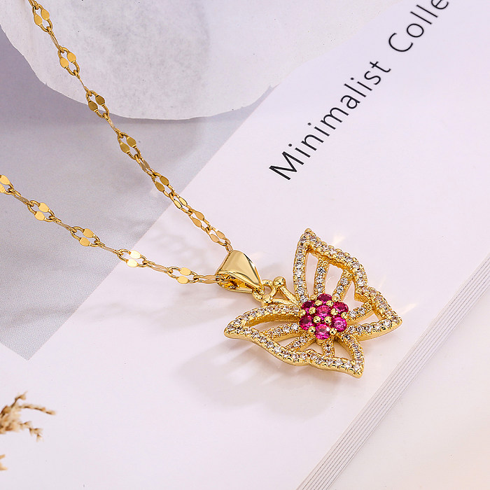 Simple Style Commute Butterfly Copper 18K Gold Plated Zircon Pendant Necklace In Bulk