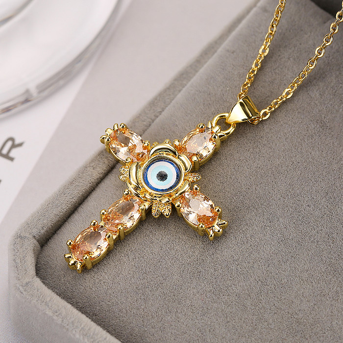 INS Style Cross Devil'S Eye Copper 18K Gold Plated Zircon Pendant Necklace In Bulk