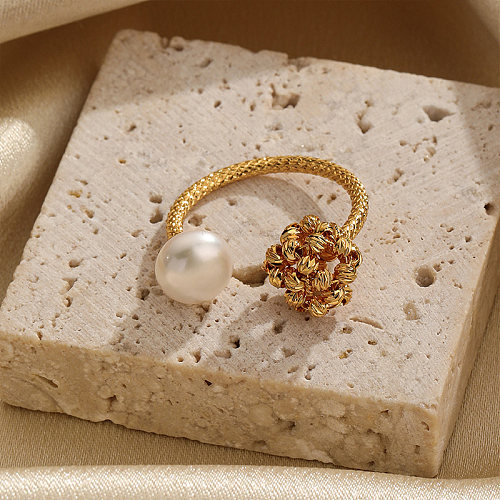 IG Style Flower Copper Plating Inlay Freshwater Pearl 18K Gold Plated Open Rings