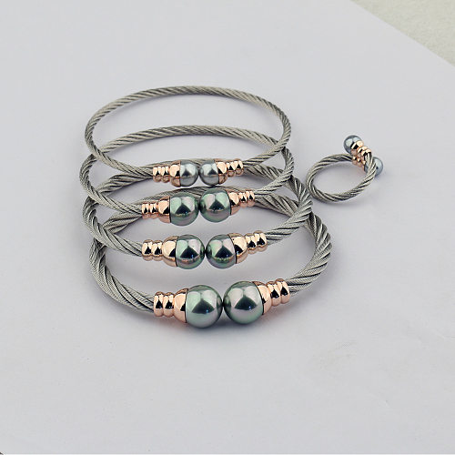 Lässiger schlichter Stil, rund, Edelstahl, Kupfer-Inlay, Perlen-Damen-Ring-Armband