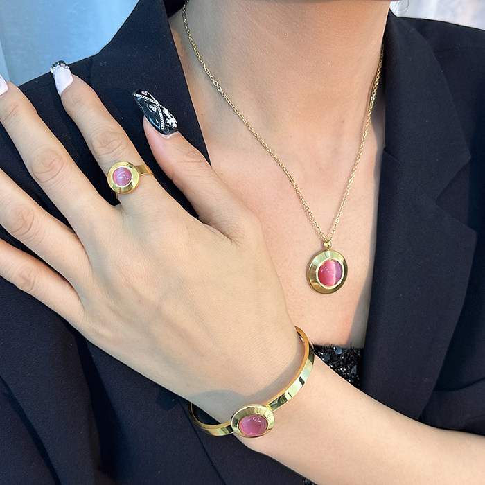 Senhora estilo coreano geométrico titânio aço incrustado opala anéis brincos colar