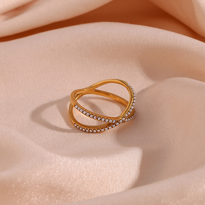 Schlichter Stil, Kreuz-Edelstahl-Beschichtung, Inlay, Perle, 18 Karat vergoldete Ringe