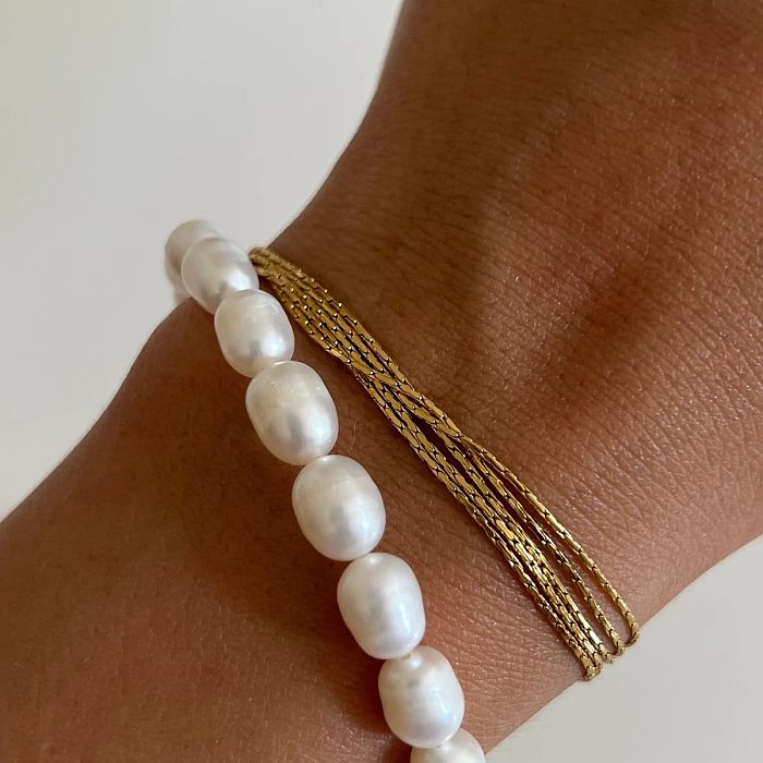Retro Solid Color Stainless Steel Freshwater Pearl Layered 18K Gold Plated Bracelets Necklace