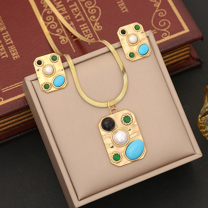 Boucles d'oreilles et collier bohème, incrustation irrégulière en acier inoxydable, anneaux opale Turquoise